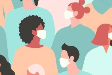 illustration of masked faces looking around in the 'new normal'