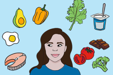 An animated woman with foods to eat for mental health around her